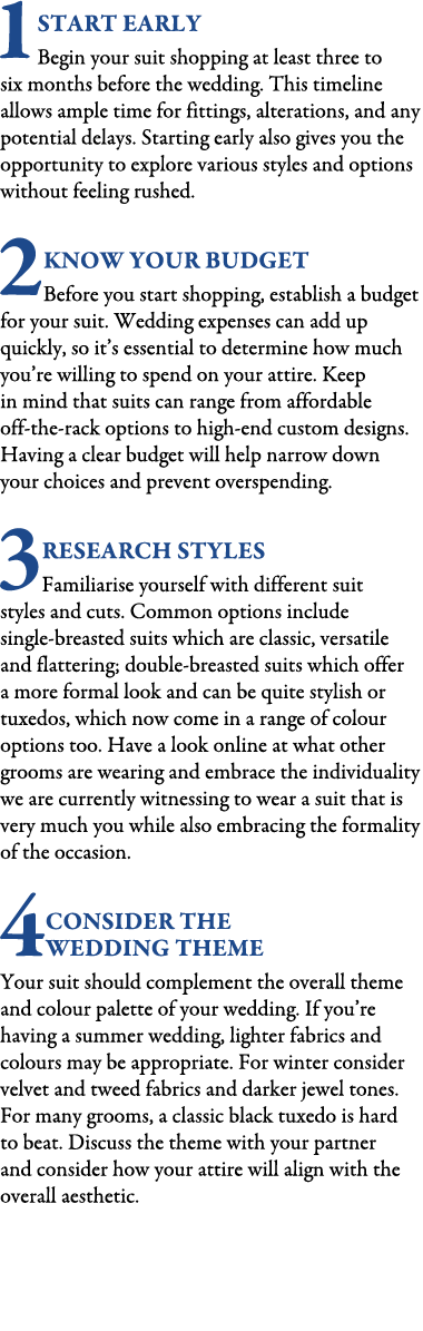 1 Start Early Begin your suit shopping at least three to six months before the wedding. This timeline allows ample ti...