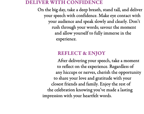 Deliver with Confidence On the big day, take a deep breath, stand tall, and deliver your speech with confidence. Make...