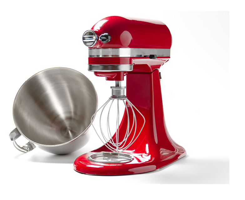 Stylish Red Kitchen Mixer With Clipping Path Isolated On White Background. Professional steel electric mixer with Metal Whisk