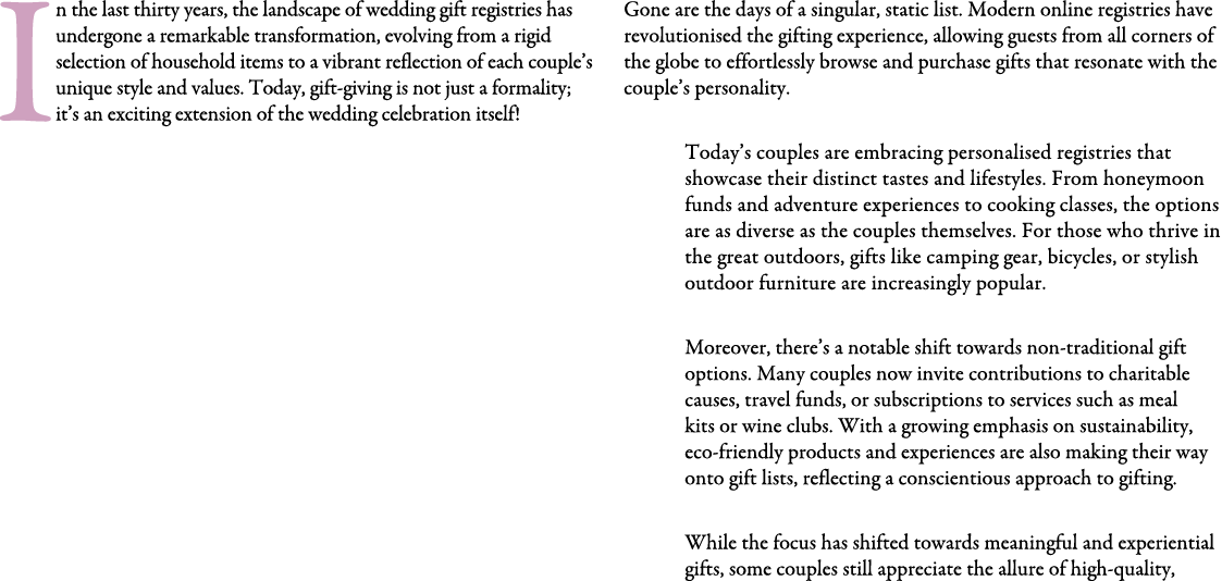 In the last thirty years, the landscape of wedding gift registries has undergone a remarkable transformation, evolvin...