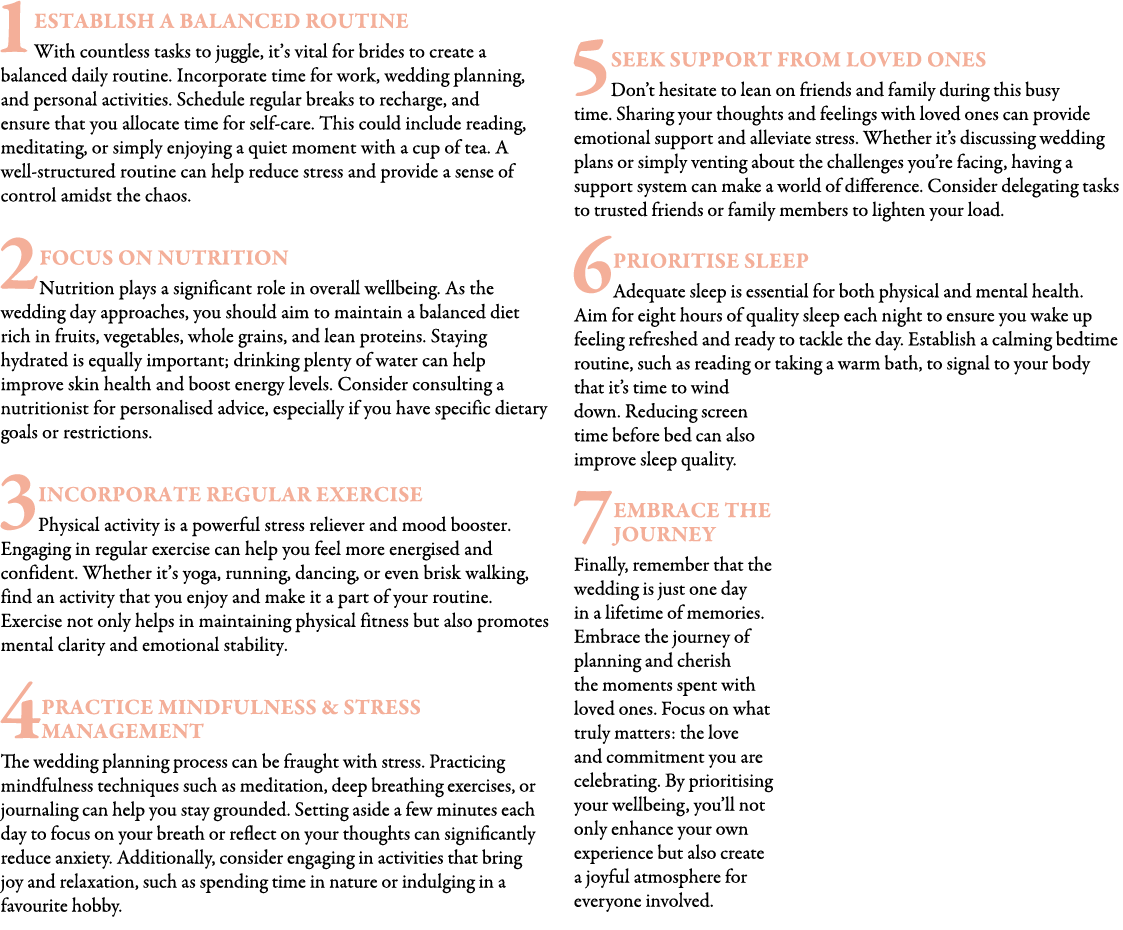 1Establish a Balanced Routine With countless tasks to juggle, it’s vital for brides to create a balanced daily routin...