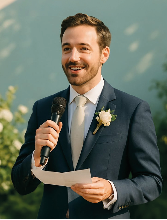 a groom standing at a wedding giving a speach on a microphone, daylight, sun light, pale teal background