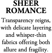 Sheer Romance Transparency reigns, with delicate layering and whisper thin fabrics offering both allure and fragility.