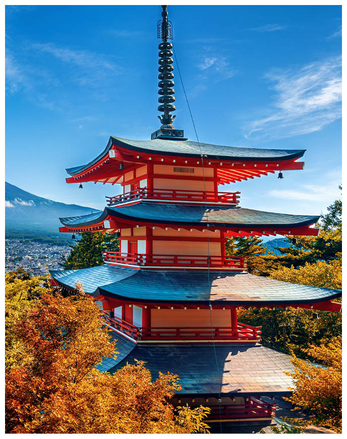 Chureito pagoda and Fuji mountain in autumn, Japan.