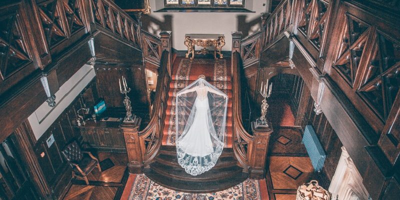 bride on stairs in Markree Castle