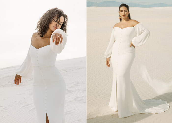 The Leo Gown is truly romantic. This fitted silhouette features an off the shoulder, sweetheart neckline with bubble sleeves that drape effortlessly. Add the menswear-inspired button details, and you’ve got one statement making gown.