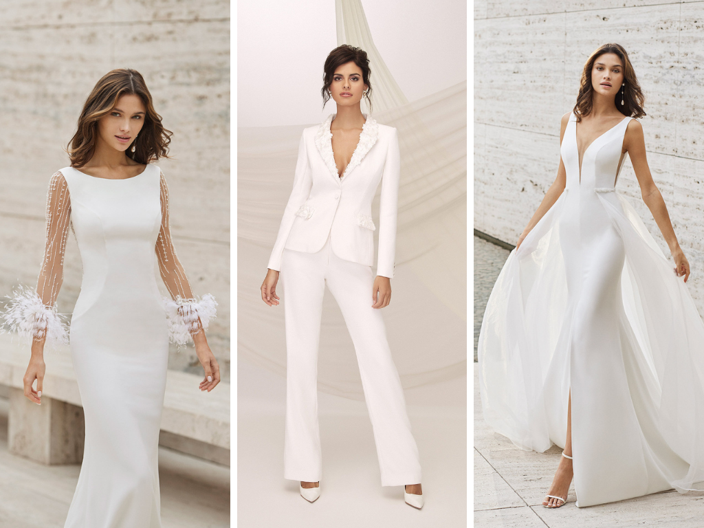 The feature image is three separate pictures. The image on the right is a wedding dress with feathers at the bottom of the sleeves. The middle image is of a bridal suit and the third image is a wedding dress with leg slit and plunging neckline.
