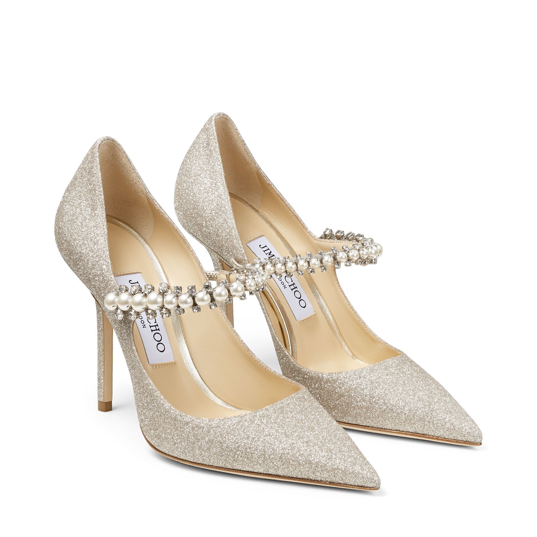 A close up of the Baily 100 shoes by Jimmy Choo. This image features in the Wedding Shoe Style For Every Type Of Bride Article.