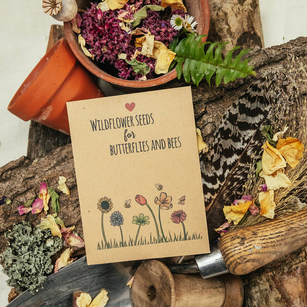 A packet of seeds that states 'Wildflower Seeds for Butterflies and Bee' sits on top of a piece of wood with plants around it.