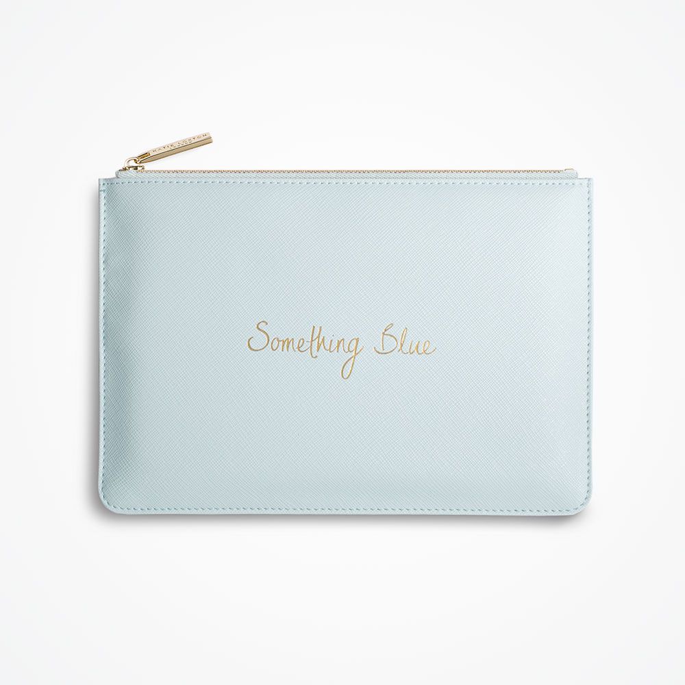 A soft blue clutch bag with the words 'Something Blue' in gold letterings on the front