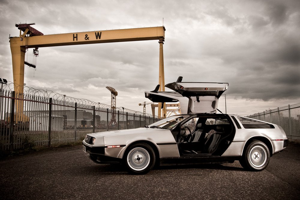 A Delorean car parked near The Samson & Goliath Cranes in Belfast.