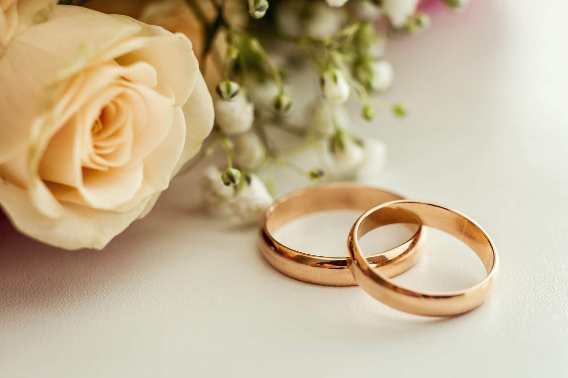 Two gold wedding rings sit on a table with a white rose beside them.