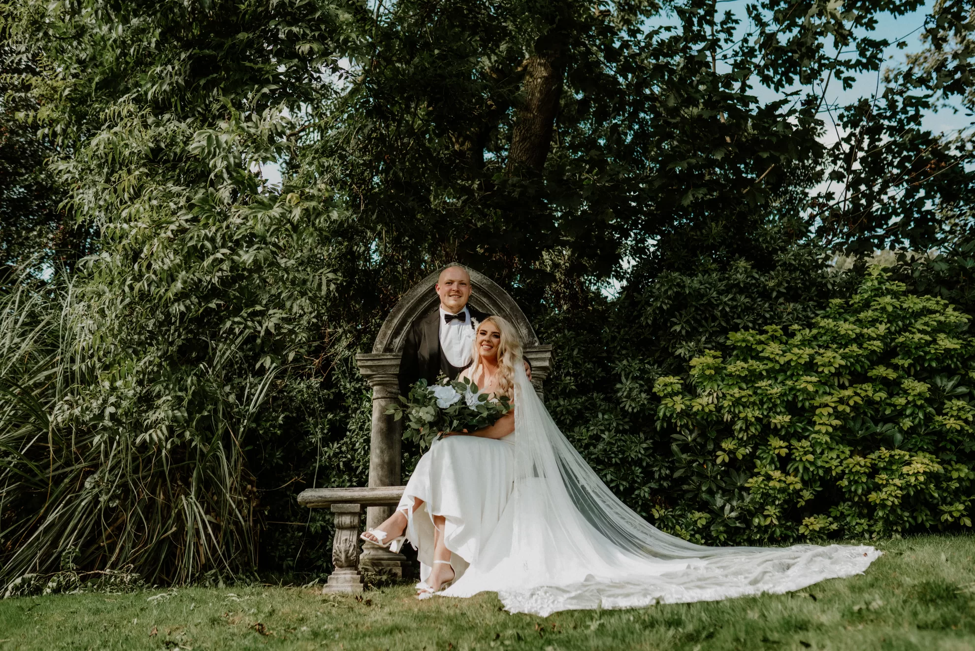 Nicola and Leonard on their wedding day in the gardens of La Mon Hotel, Belfast